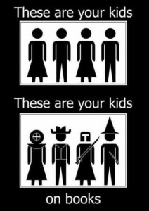 Drawing of kids, then drawing of kids as cowboys, etc. Says